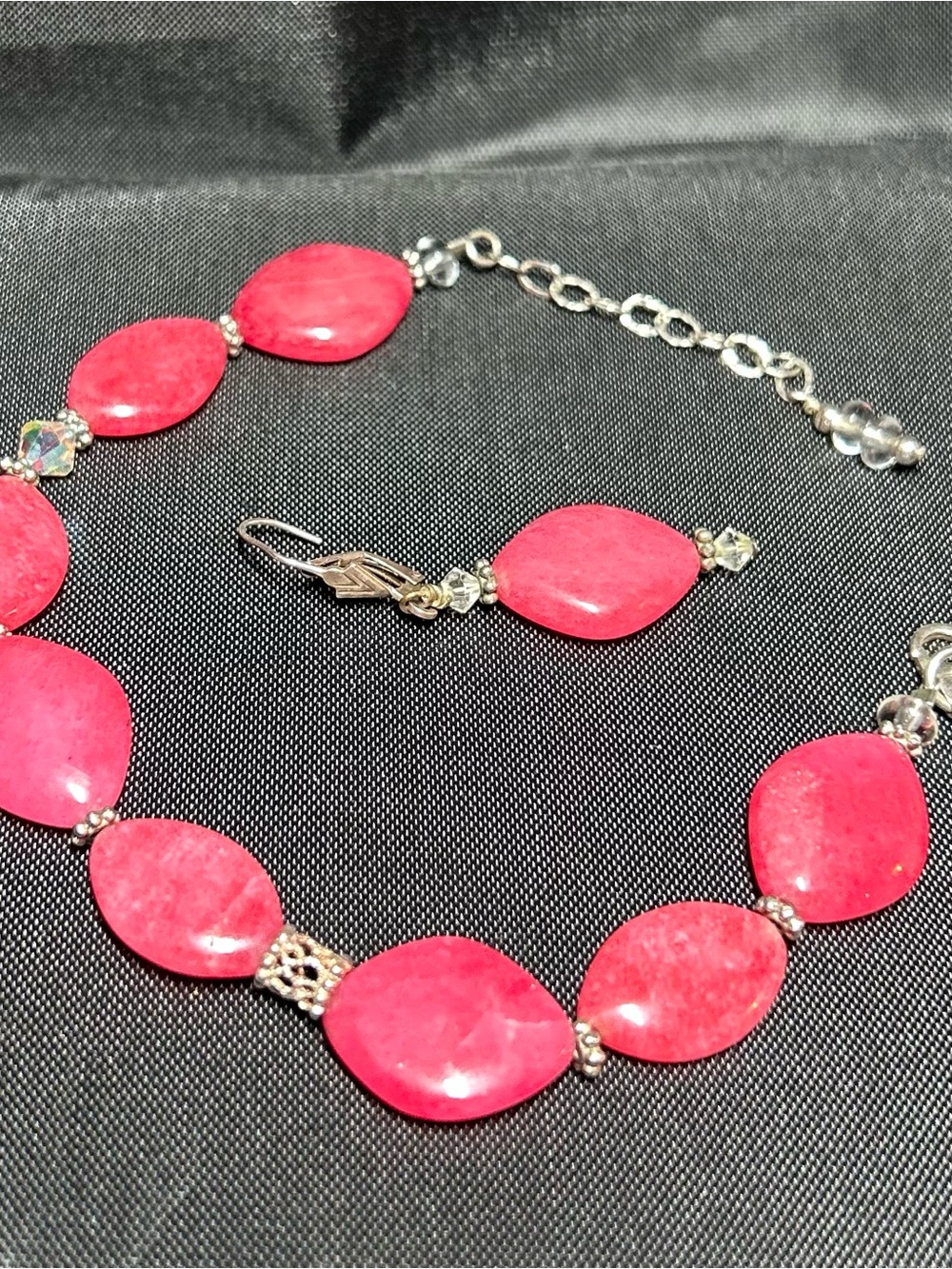 925 Pink Rhodonite Stone Bead Bracelet/ Made With Swarovski Crystal-w/ 1 Earring
